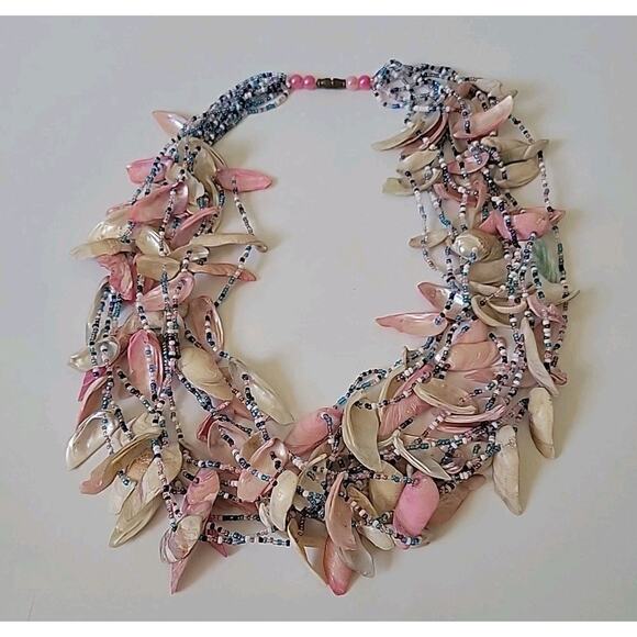 Vintage Layered Seashells and Seed Bead Collar Statement Necklace 25" Mermaid - Picture 1 of 8
